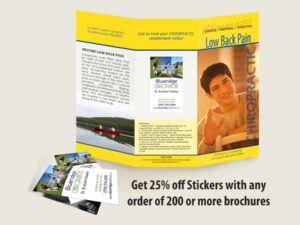 Low Back Pain - Chiropractic Patient Education Brochure with a Chiropractic Clinic Sticker applied.