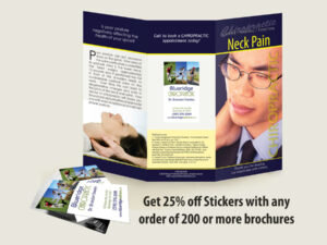 Neck Pain - Chiropractic Patient Education Brochure with a Chiropractic Clinic Sticker applied.