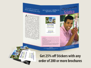 Sciatica - Chiropractic Patient Education Brochure with a Chiropractic Clinic Sticker applied.