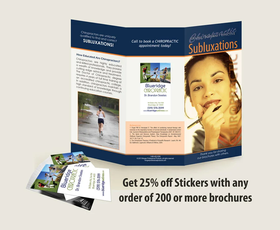 Subluxations - Chiropractic Patient Education Brochure with a Chiropractic Clinic Sticker applied.