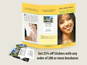 Types of Care - Chiropractic Patient Education Brochure with a Chiropractic Clinic Sticker applied.
