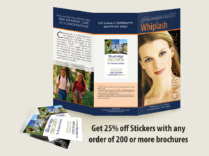 Whiplash Chiropractic Patient Education Brochure with a Chiropractic Clinic Sticker applied.