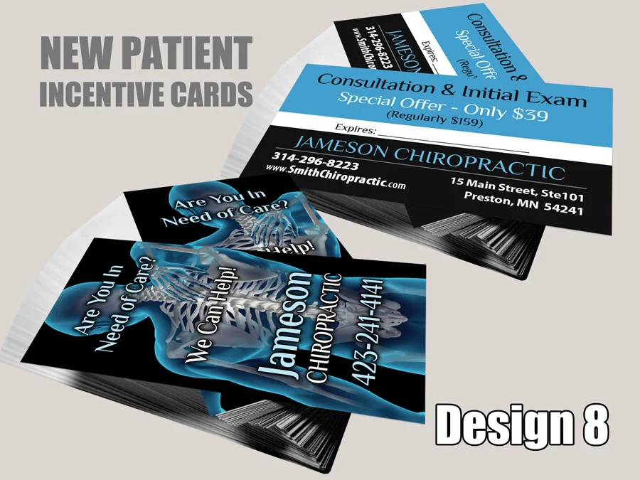 CHIROPRACTIC MARKETING - NEW PATIENT INCENTIVE CARDS 8 Chiropractic New Patient Incentive Card - Design 8 - New Patient Cards for Chiropractic Clinics